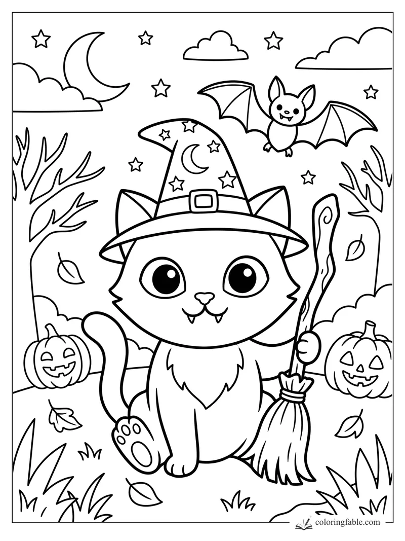 Cartoon witch kitten with broom, bat, pumpkins, crescent moon, stars, and bare trees for Halloween coloring.