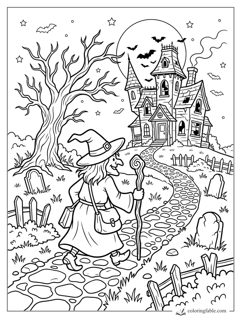 Smiling witch walking a cobblestone path toward a crooked haunted house under a full moon and bats