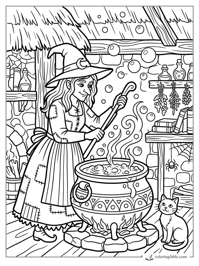 Smiling witch stirring a bubbling cauldron with shelves of potions, herbs, books, cat, and spiderweb.