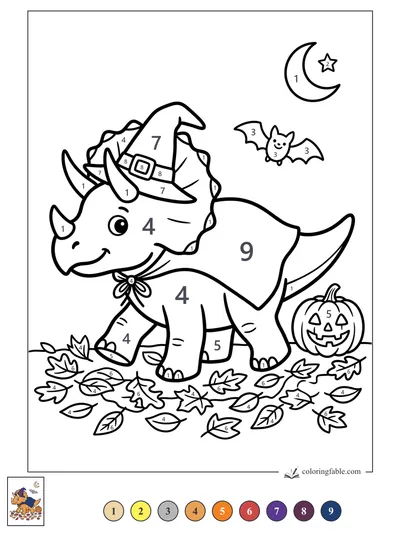 Witchy Triceratops in Autumn Leaves — color by number
