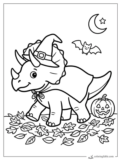 Cute triceratops in a witch hat and cape with bat, crescent moon, star, pumpkin, and fall leaves