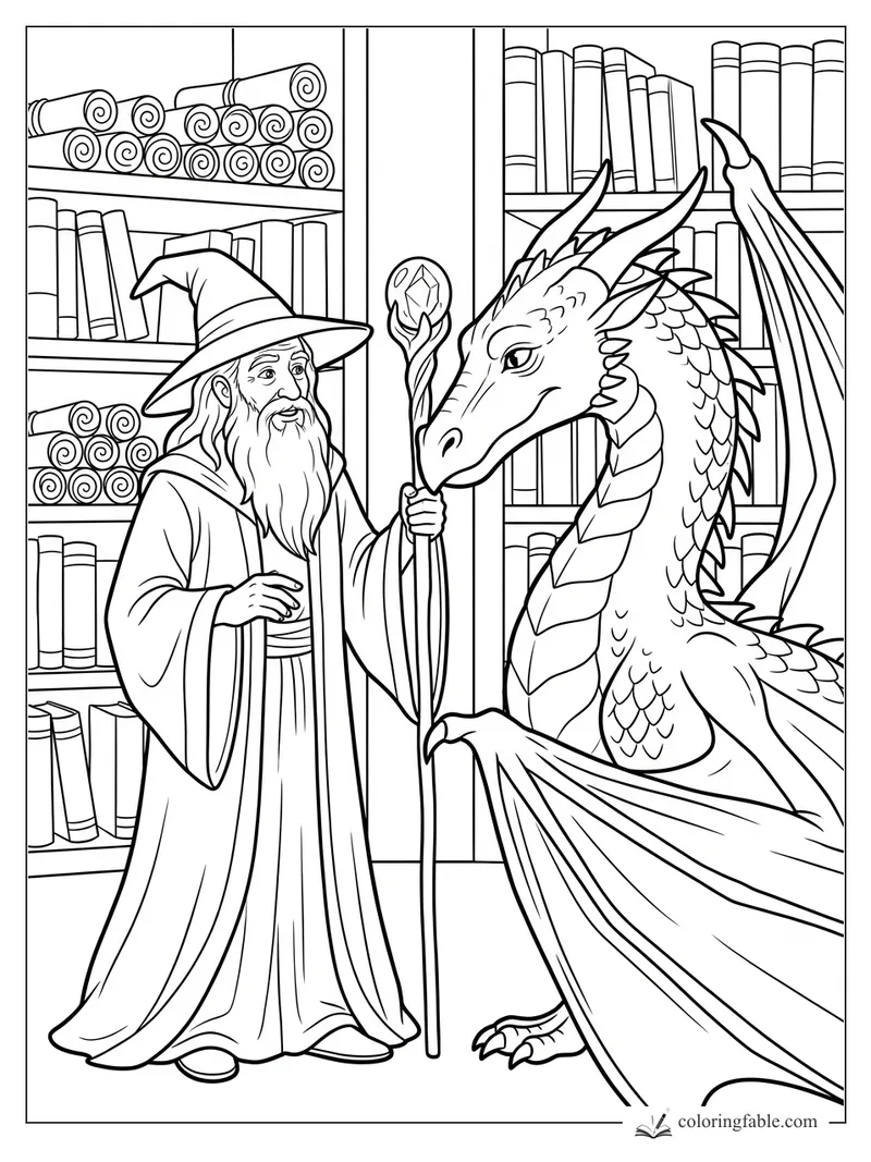 Wizard holding a crystal staff beside a horned dragon in a library of books and rolled scrolls