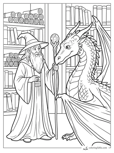 Wizard holding a crystal staff beside a horned dragon in a library of books and rolled scrolls