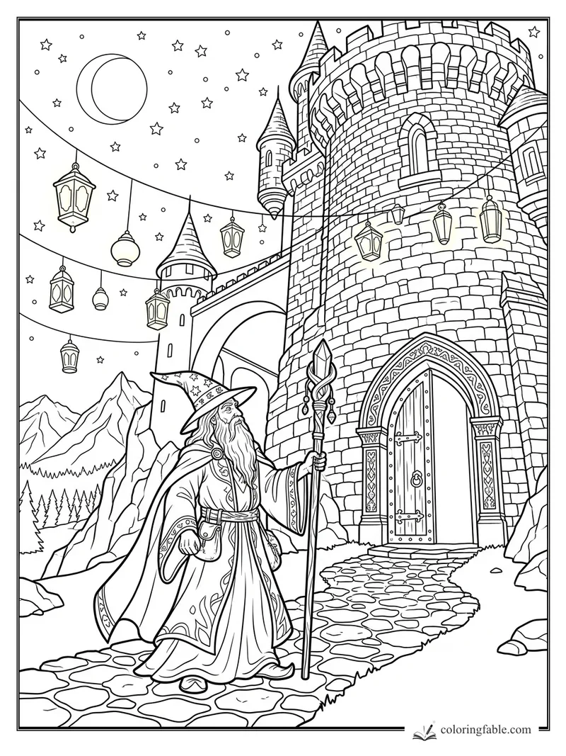 Bearded wizard with staff before a stone castle, hanging lanterns, crescent moon, stars, and mountains