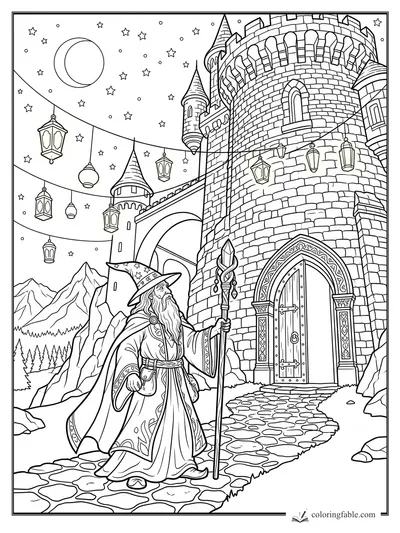 Bearded wizard with staff before a stone castle, hanging lanterns, crescent moon, stars, and mountains