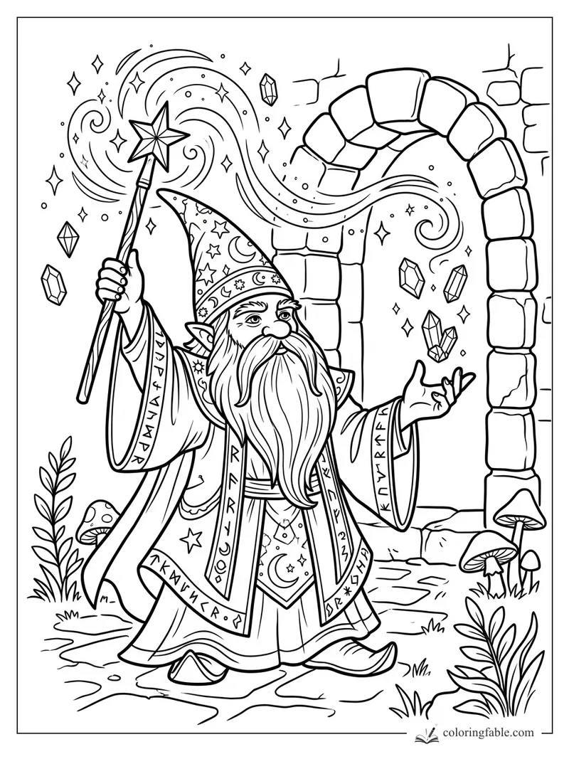 Wizard gnome with star wand, rune robe, crystals, mushrooms, and a stone archway