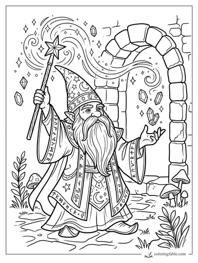Wizard gnome with star wand, rune robe, crystals, mushrooms, and a stone archway