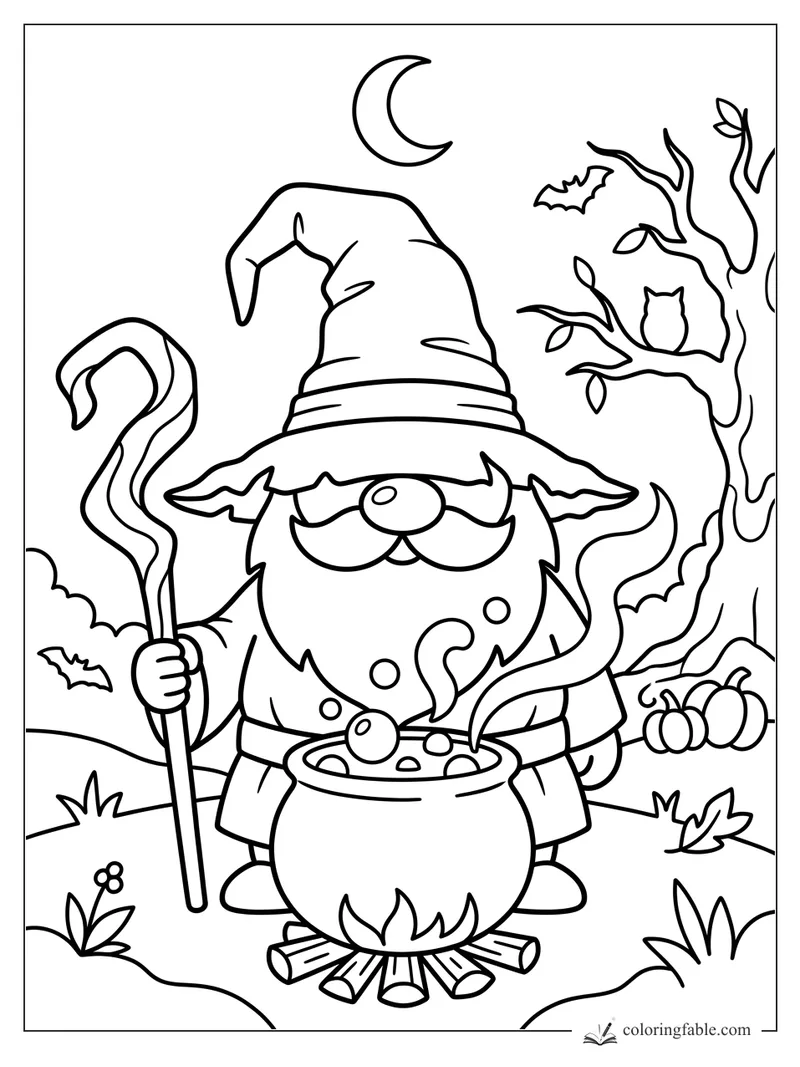 Cartoon wizard gnome stirring a bubbling cauldron under a crescent moon with bats, owl, tree and pumpkins