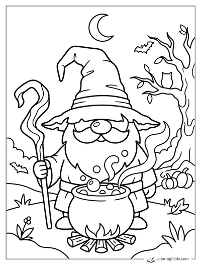 Cartoon wizard gnome stirring a bubbling cauldron under a crescent moon with bats, owl, tree and pumpkins