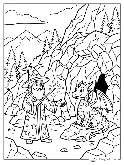 Cartoon wizard with starry robes meets a young dragon outside a rocky mountain cave.