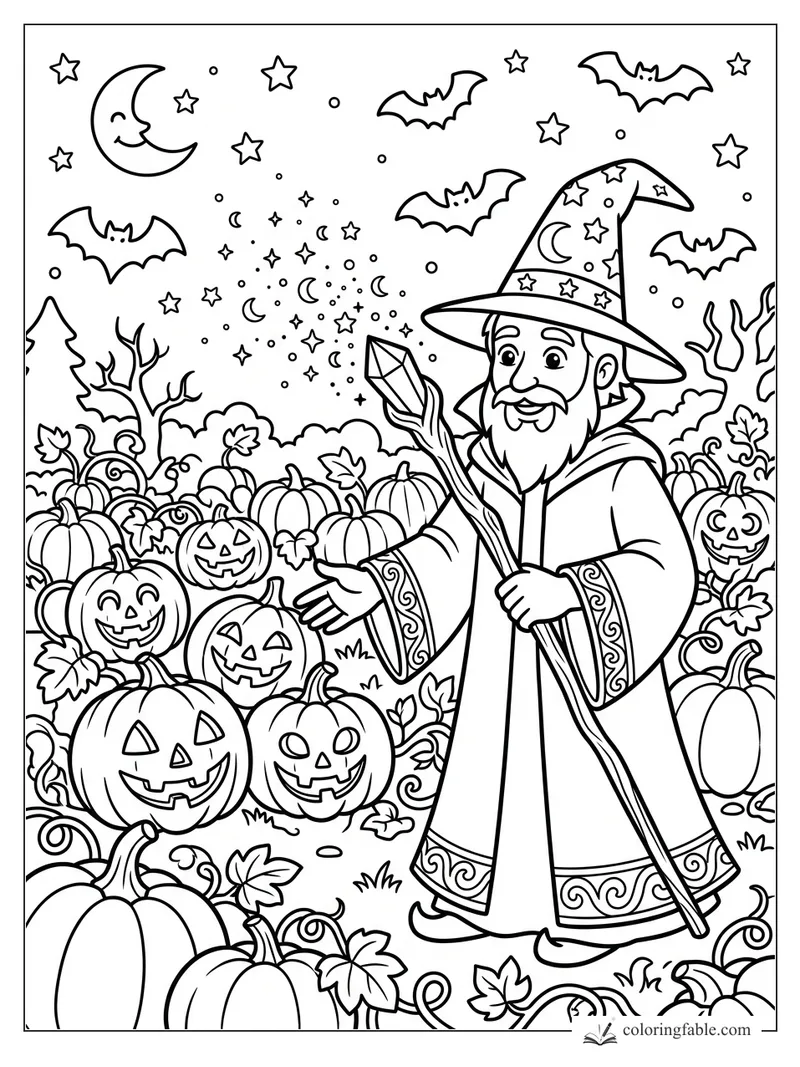 Cartoon wizard with crystal staff among jack-o’-lantern pumpkins, bats, crescent moon, and stars.