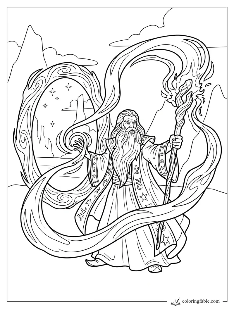 Cartoon wizard with flaming staff opening a swirling portal to a starry mountain realm