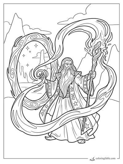 Cartoon wizard with flaming staff opening a swirling portal to a starry mountain realm