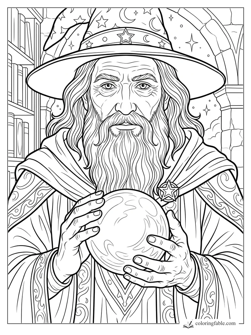 Realistic wizard with starry hat holding a crystal ball inside an arched library