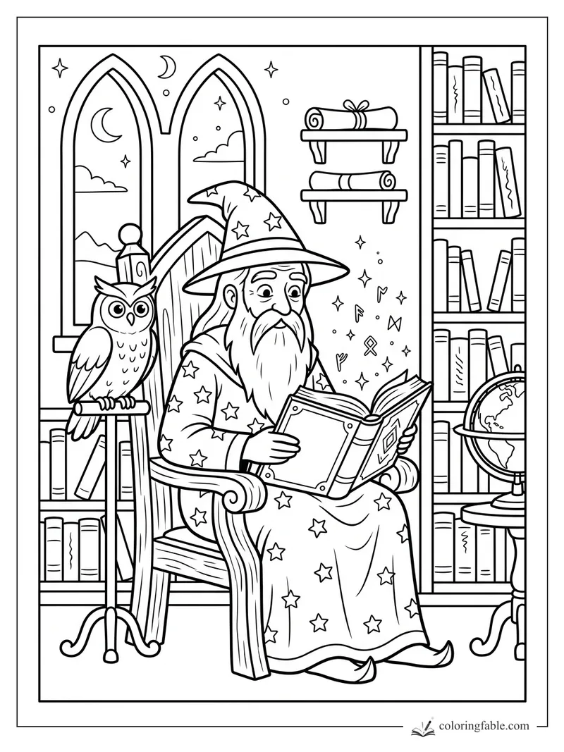 Cartoon wizard reading a spellbook beside an owl, arched moon windows, bookshelves, scrolls, and a globe.