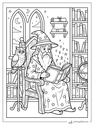 Cartoon wizard reading a spellbook beside an owl, arched moon windows, bookshelves, scrolls, and a globe.