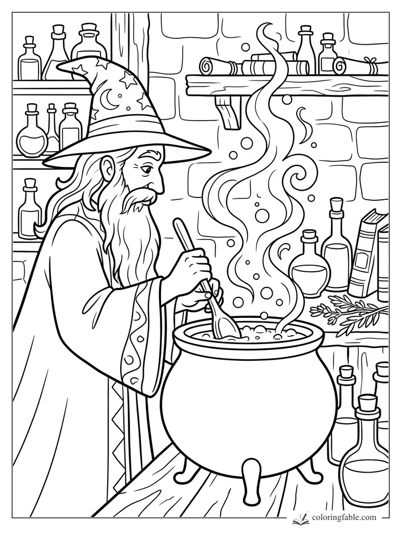 Wizard in a starry hat stirs a steaming cauldron among potion bottles, books, herbs, and scrolls.