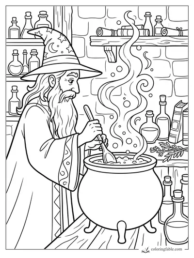 Wizard in a starry hat stirs a steaming cauldron among potion bottles, books, herbs, and scrolls.