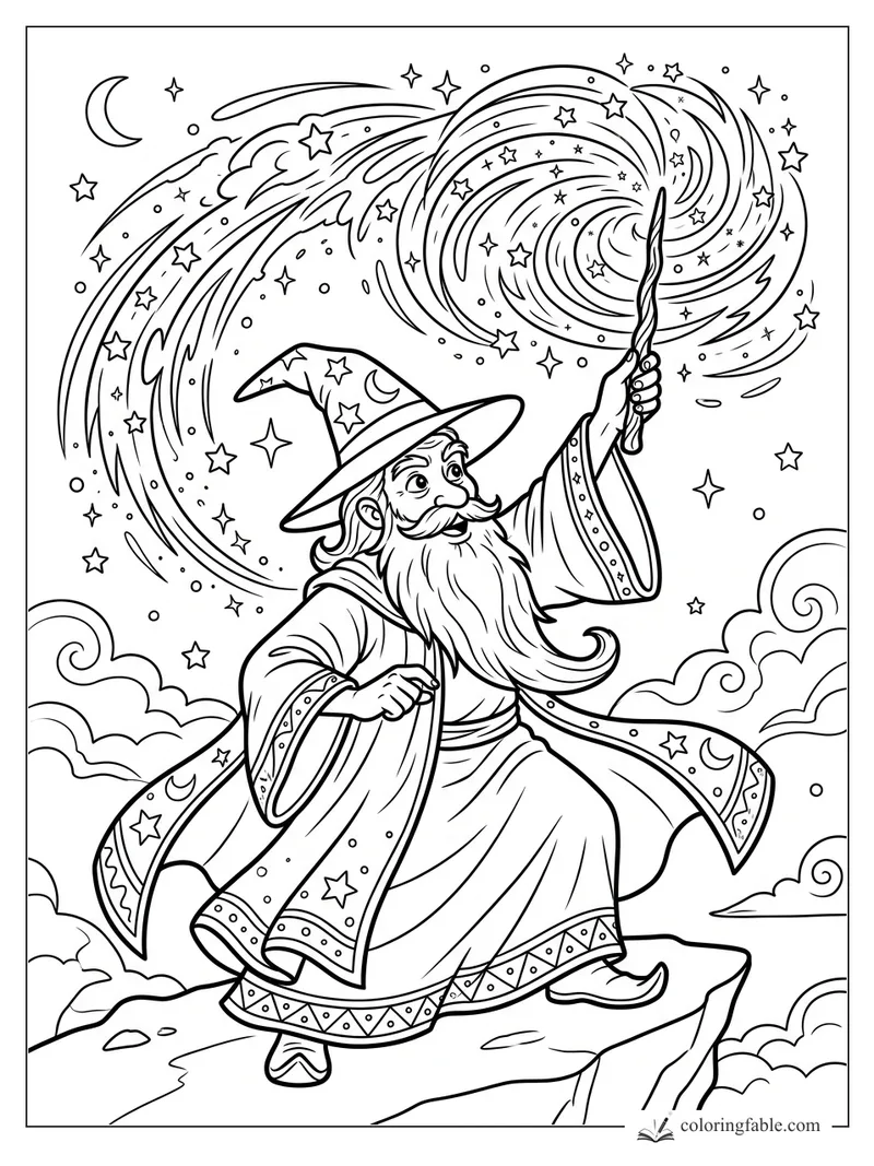 Cartoon wizard on a cliff raises a wand beneath a swirling starry sky and crescent moon