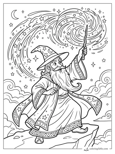 Cartoon wizard on a cliff raises a wand beneath a swirling starry sky and crescent moon