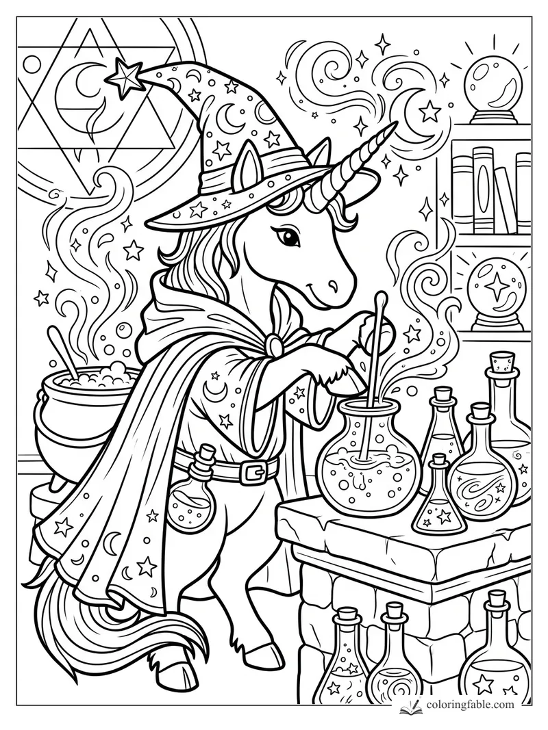 Cartoon unicorn wizard stirs a bubbling potion among star flasks, crystal balls, and moon symbols.
