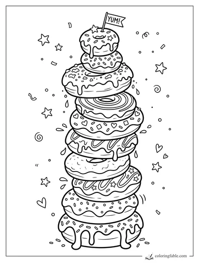 Cartoon stack of decorated donuts with sprinkles, stars, hearts, swirls, and a tiny YUM flag on top.