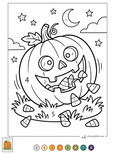 Wobbly Jack-o’-Lantern Under the Moon — color by number