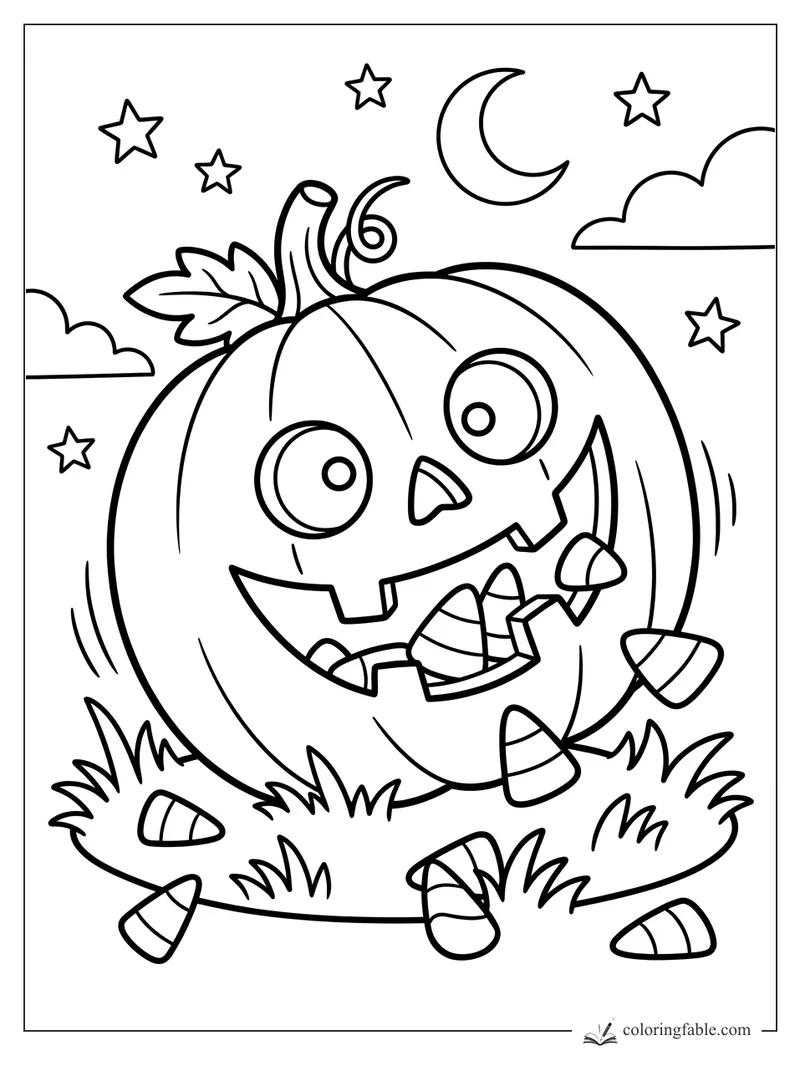 Cartoon jack-o'-lantern with candy corn, grass, stars, clouds, and a crescent moon