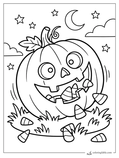 Cartoon jack-o'-lantern with candy corn, grass, stars, clouds, and a crescent moon