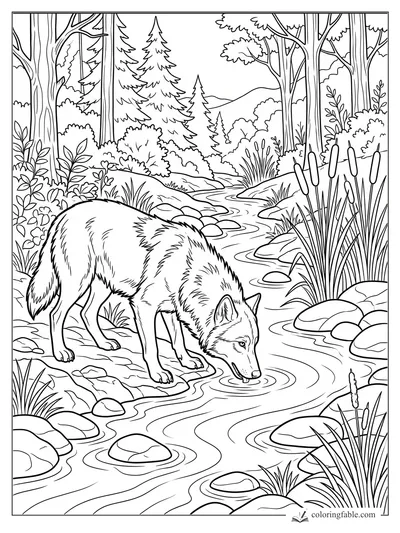 Realistic wolf drinking from a winding forest creek with cattails, rocks, pines, and ripples