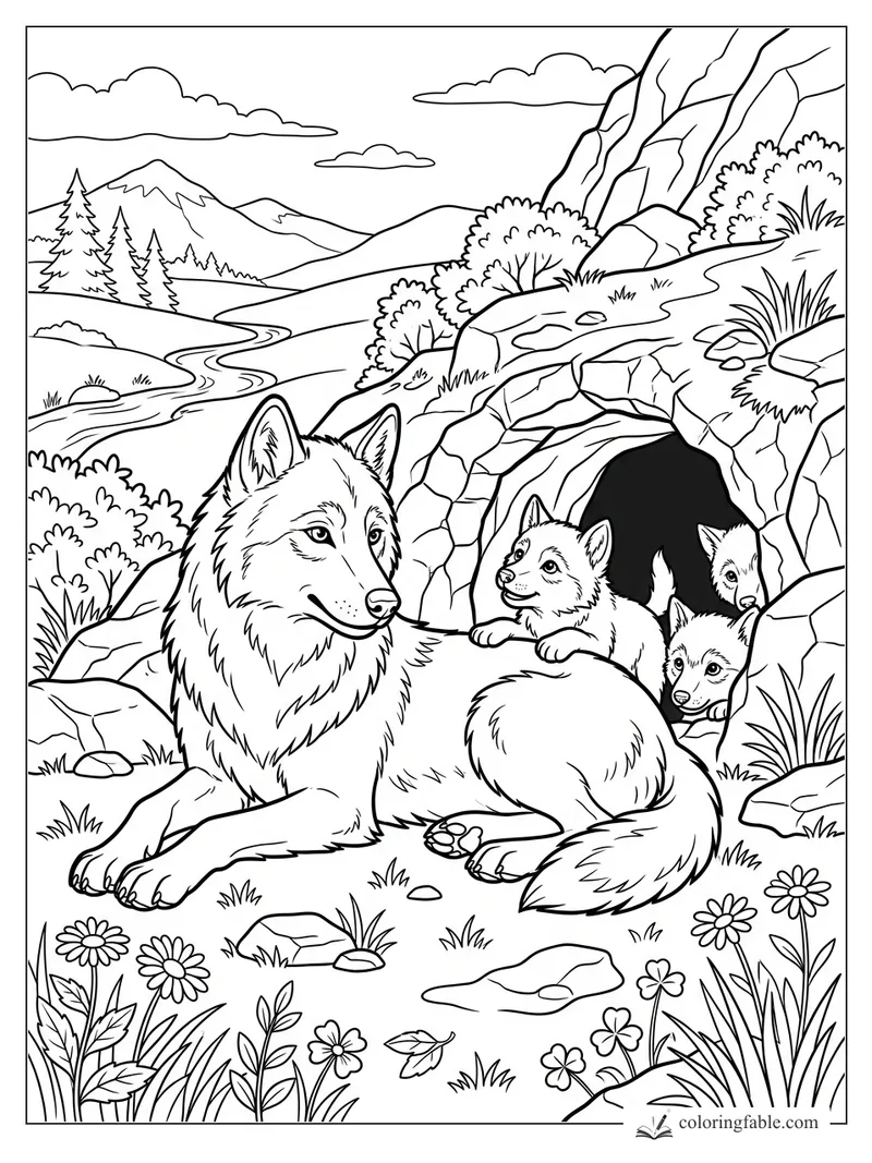 Adult wolf resting by a rocky den with three pups, mountain stream, pines, flowers, and clouds