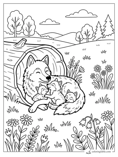 Cartoon wolf parent cuddling three pups in a hollow log, with meadow flowers, hills, trees, and clouds.