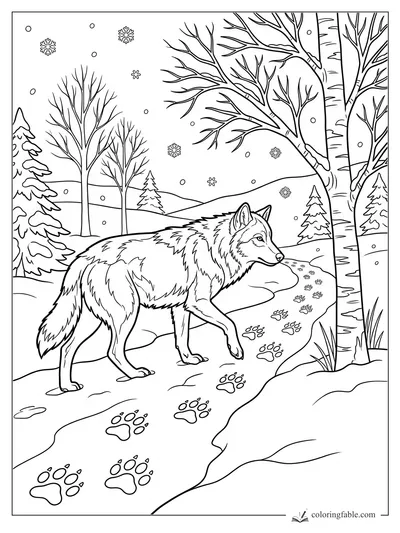 Wolf walking beside paw prints on a snowy forest path with birch trees, evergreens, hills, and falling snow.