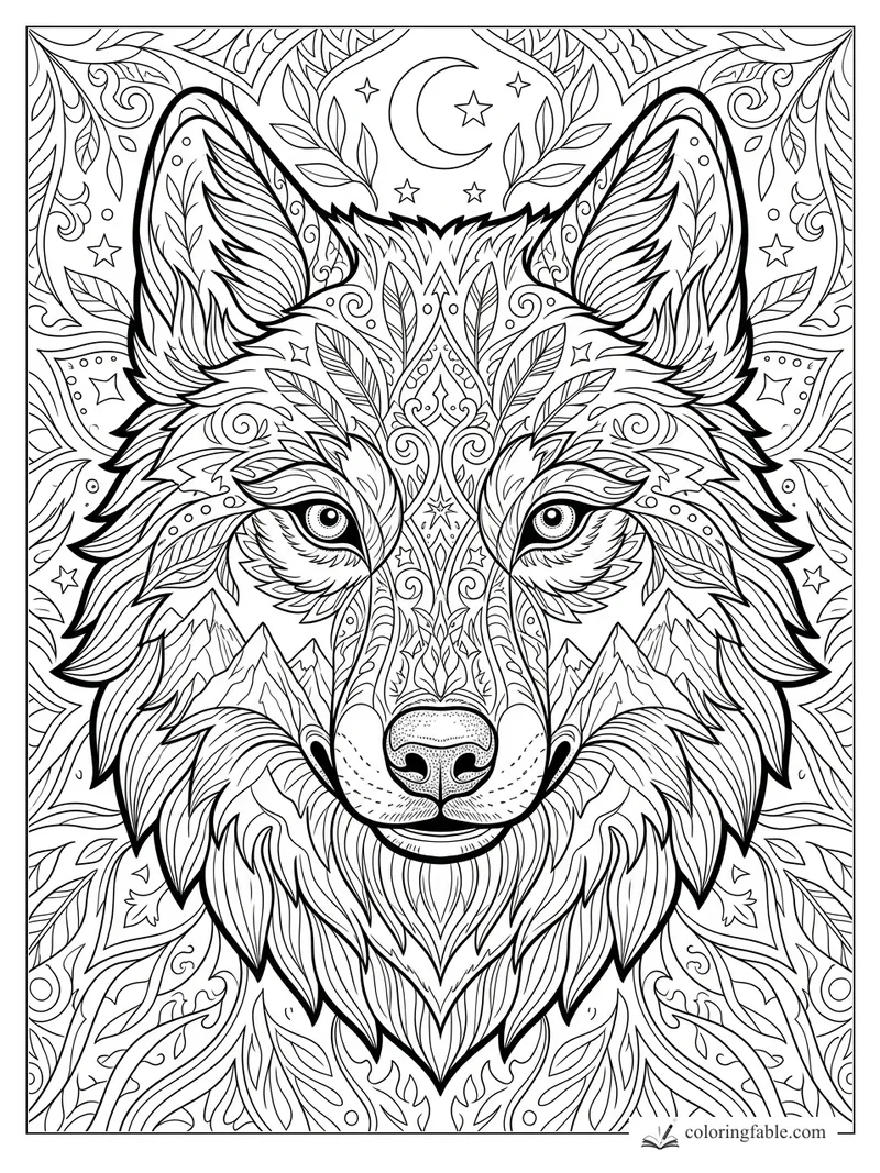Intricate wolf mandala coloring page with leaf fur, mountain peaks, crescent moon, and stars