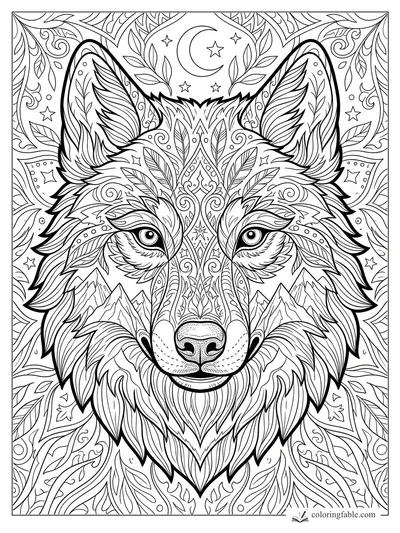 Intricate wolf mandala coloring page with leaf fur, mountain peaks, crescent moon, and stars