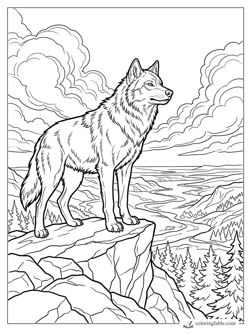 Alert wolf standing on a rocky cliff above pine forests, winding rivers, mountains, and huge clouds