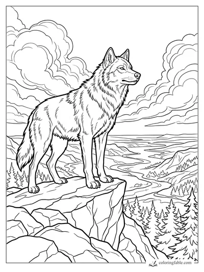 Alert wolf standing on a rocky cliff above pine forests, winding rivers, mountains, and huge clouds