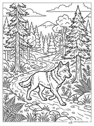 Cartoon wolf walking on a winding forest trail among tall pines, ferns, rocks, clouds, and distant mountains.
