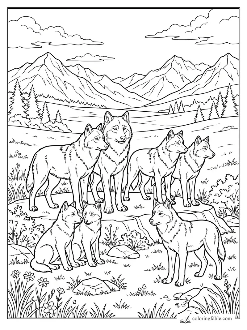 Realistic wolf pack gathered on a rocky meadow ledge with pine trees, mountains, clouds, and flowers