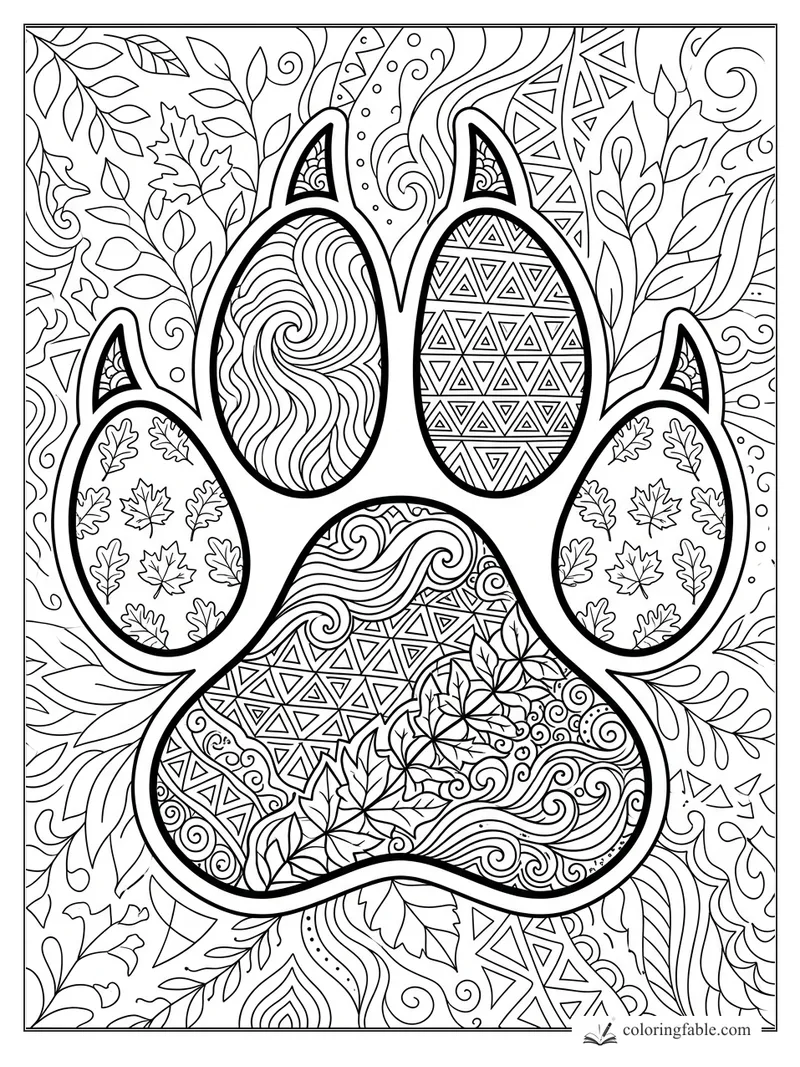 Intricate wolf paw print coloring page with leaf pads, spiral waves, triangles, and forest vines