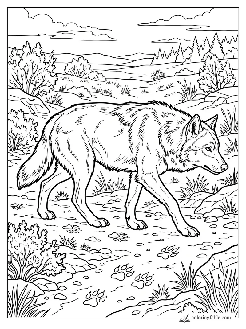 Realistic wolf walking past paw prints on a rocky trail with shrubs, pines, hills, and clouds