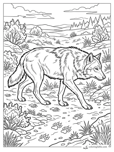 Realistic wolf walking past paw prints on a rocky trail with shrubs, pines, hills, and clouds