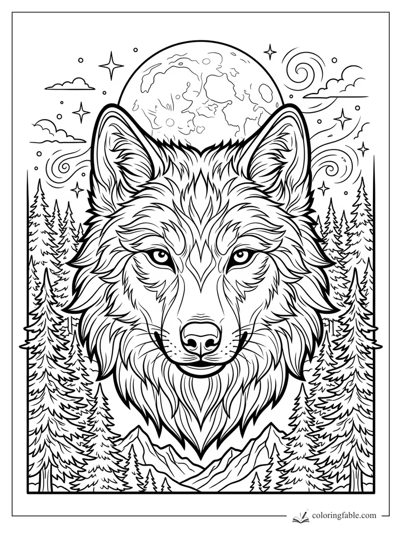 Intricate tattoo-style wolf head with full moon, pine forest, mountains, stars, clouds, and wind swirls.