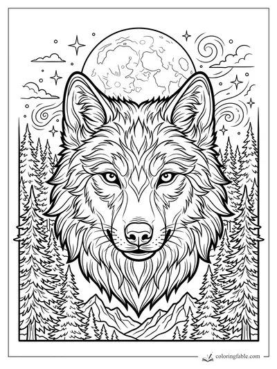 Intricate tattoo-style wolf head with full moon, pine forest, mountains, stars, clouds, and wind swirls.