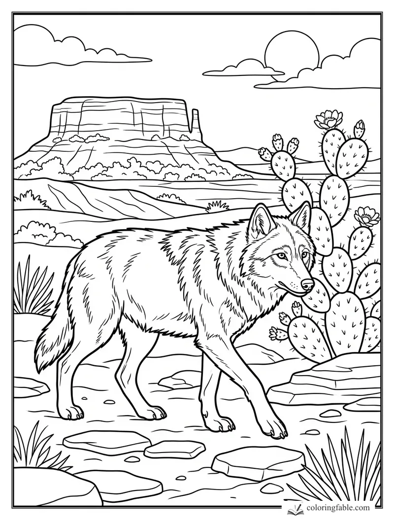 Realistic wolf walking through a desert with prickly pear cactus, rocks, mesa, sun, and clouds