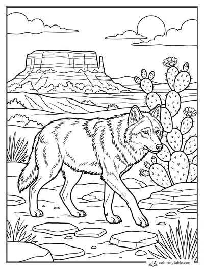 Realistic wolf walking through a desert with prickly pear cactus, rocks, mesa, sun, and clouds