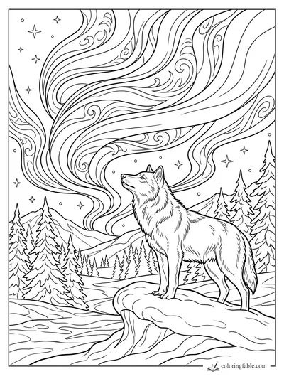 Wolf on a snowy ledge beneath swirling northern lights, stars, pines, and distant mountains