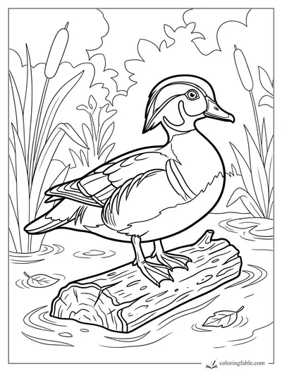 Realistic wood duck standing on a floating log among cattails, lily pads, leaves, and rippling marsh water.