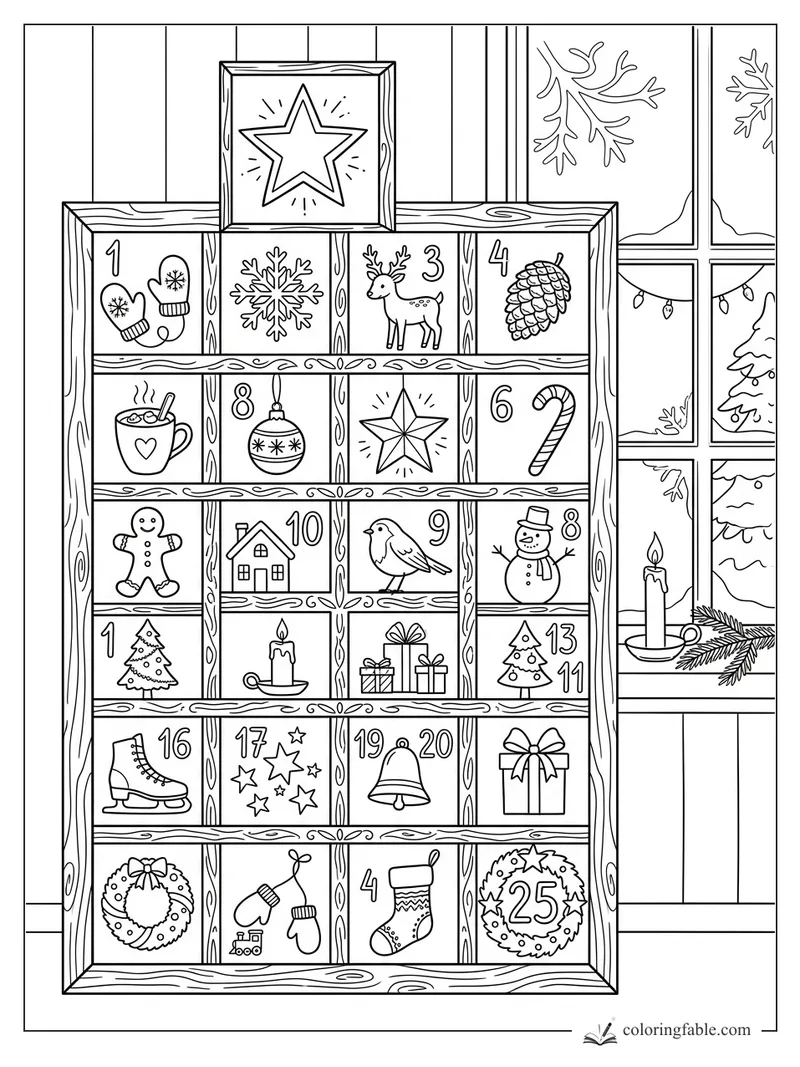 Wooden Advent calendar with Christmas icons, numbered doors, snowy window, candle, and pine branch