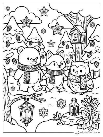 Bear, fox, and owl in scarves walk through a snowy pine forest with lanterns, stars, birdhouse, and pinecones.
